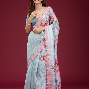 Sky Blue Printed Tissue Saree