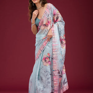 Sky Blue Printed Tissue Saree