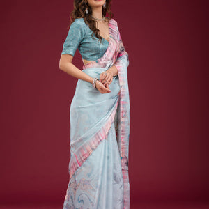 Sky Blue Printed Tissue Saree