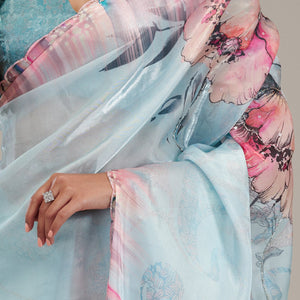 Sky Blue Printed Tissue Saree