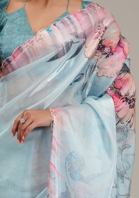Sky Blue Printed Tissue Saree