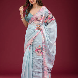 Sky Blue Printed Tissue Saree