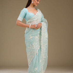 Sky Blue Sequins Tissue Saree