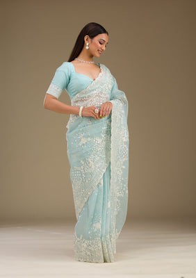 Sky Blue Sequins Tissue Saree