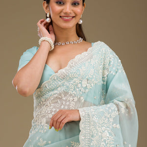 Sky Blue Sequins Tissue Saree