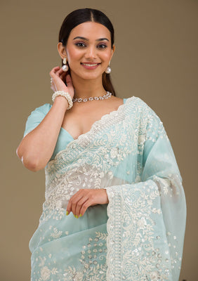 Sky Blue Sequins Tissue Saree