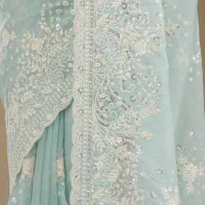 Sky Blue Sequins Tissue Saree