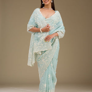 Sky Blue Sequins Tissue Saree