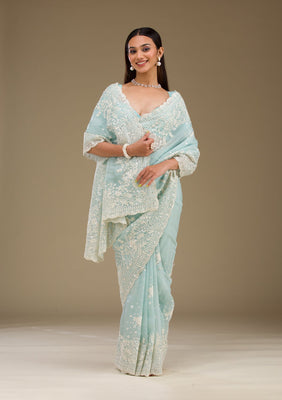 Sky Blue Sequins Tissue Saree