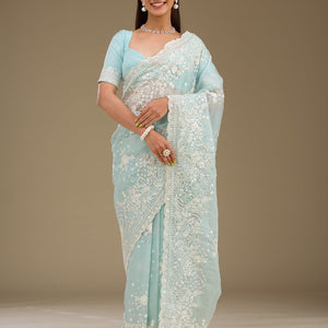 Sky Blue Sequins Tissue Saree