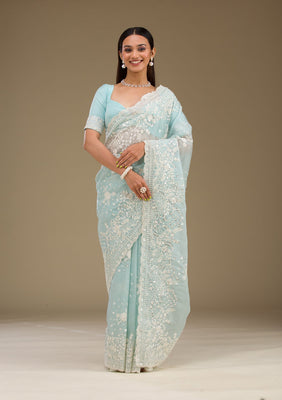 Sky Blue Sequins Tissue Saree