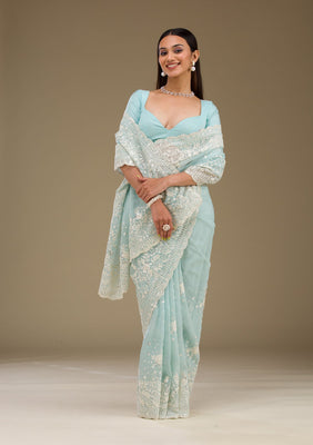 Sky Blue Sequins Tissue Saree