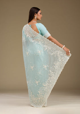 Sky Blue Sequins Tissue Saree