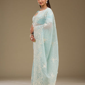 Sky Blue Sequins Tissue Saree