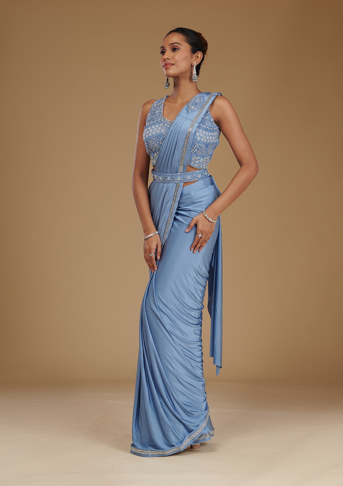 Sky Blue Stonework Satin Readymade Saree