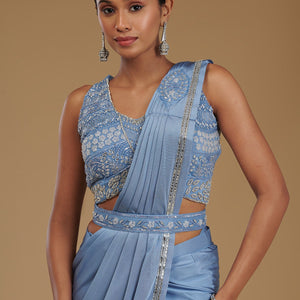 Sky Blue Stonework Satin Readymade Saree