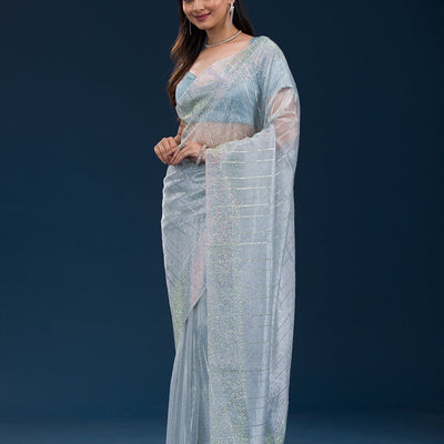 Sky Blue Stonework Tissue Saree