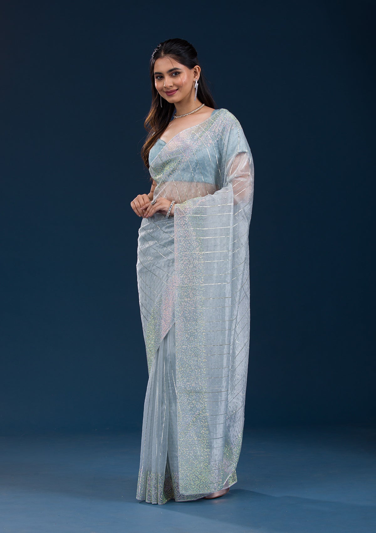 Sky Blue Stonework Tissue Saree