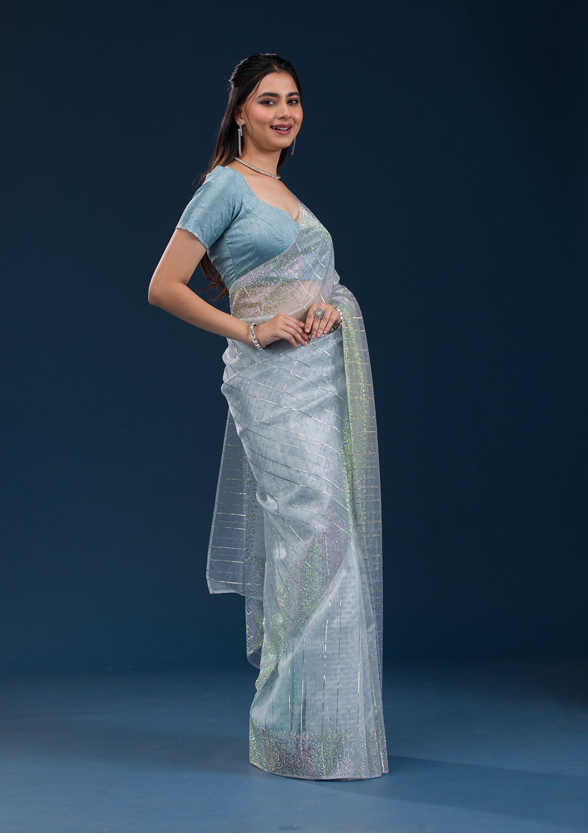 Sky Blue Stonework Tissue Saree