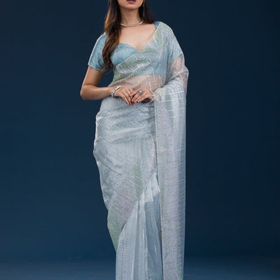 Sky Blue Stonework Tissue Saree