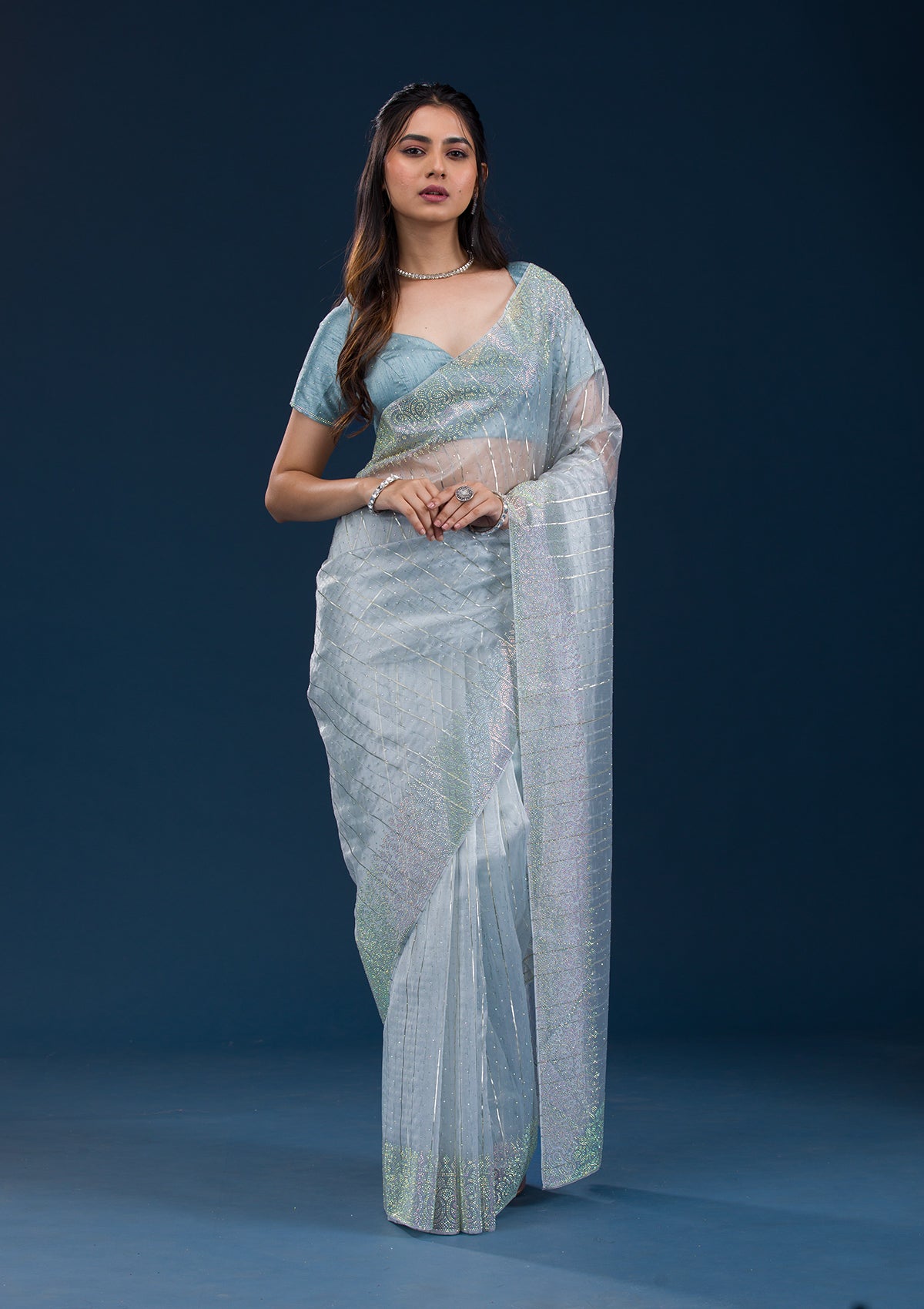 Sky Blue Stonework Tissue Saree