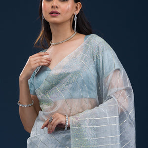 Sky Blue Stonework Tissue Saree