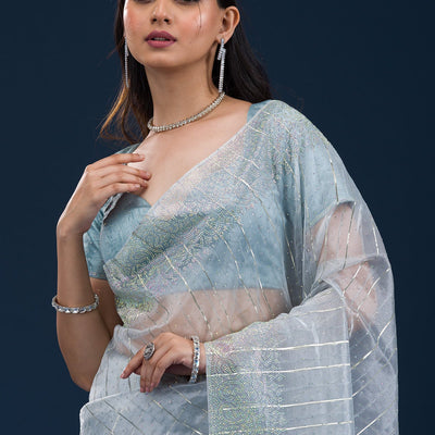 Sky Blue Stonework Tissue Saree
