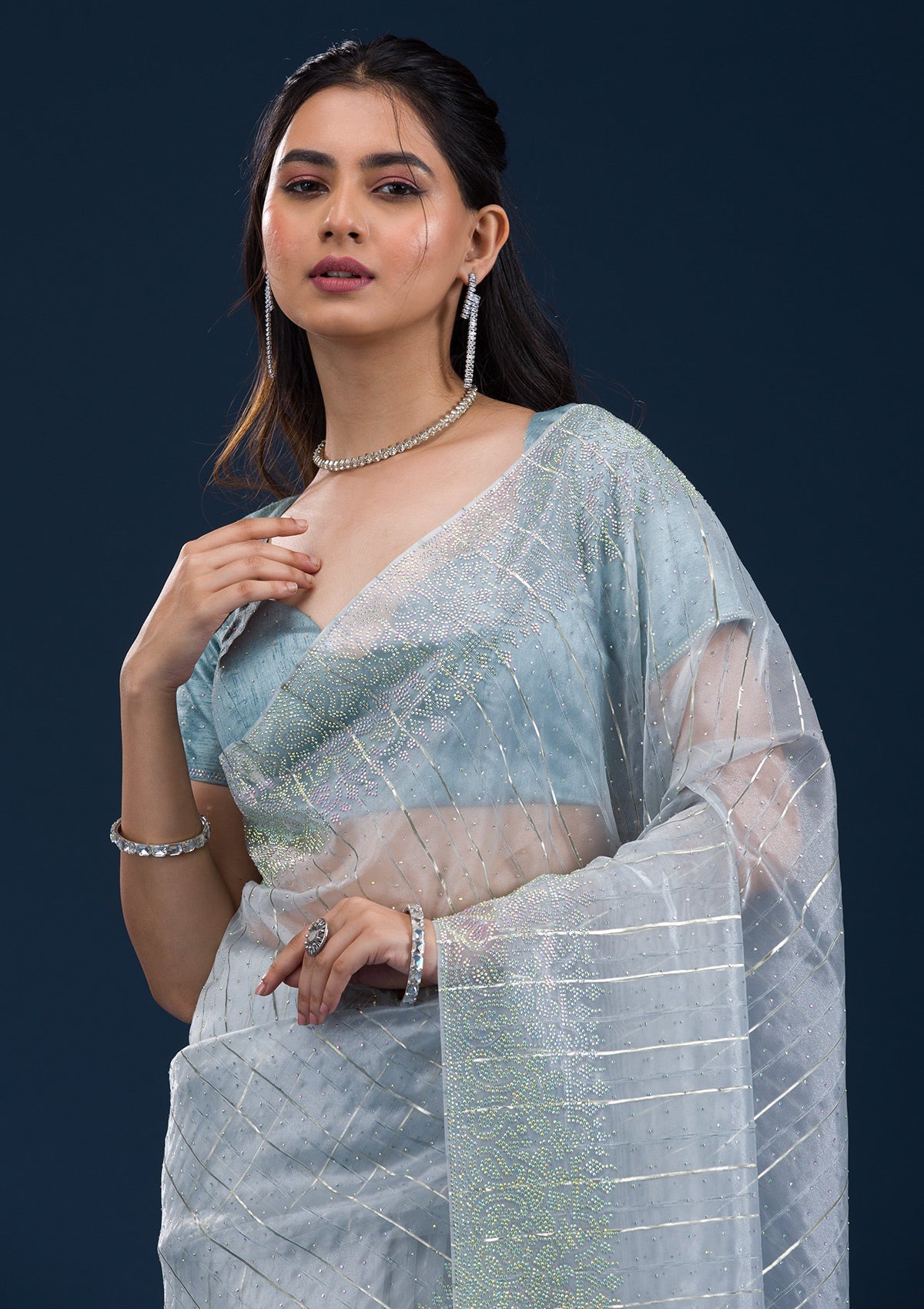 Sky Blue Stonework Tissue Saree