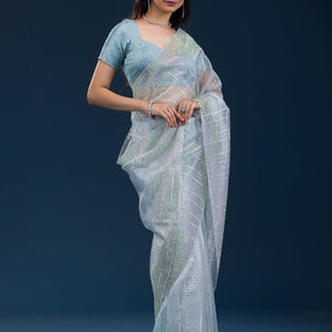 Sky Blue Stonework Tissue Saree