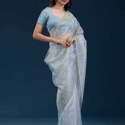 Sky Blue Stonework Tissue Saree