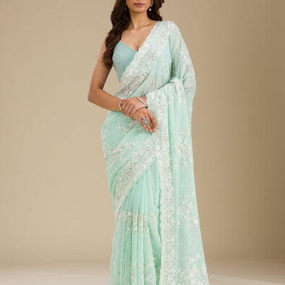 Sky Blue Threadwork Chiffon Saree
