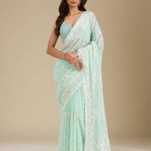 Sky Blue Threadwork Chiffon Saree