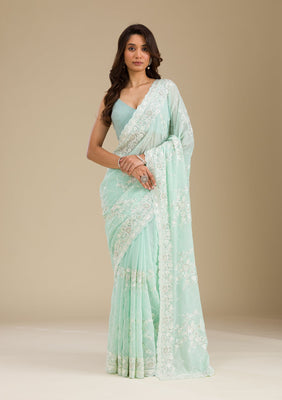Sky Blue Threadwork Chiffon Saree
