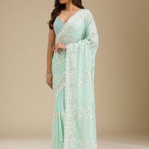 Sky Blue Threadwork Chiffon Saree