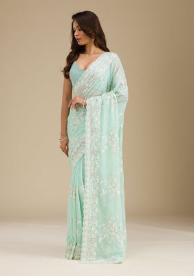 Sky Blue Threadwork Chiffon Saree