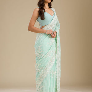 Sky Blue Threadwork Chiffon Saree