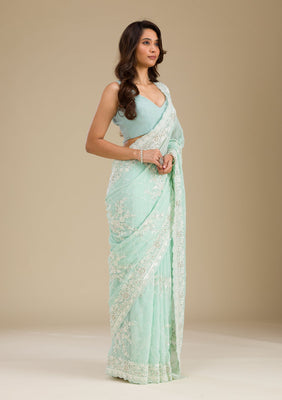 Sky Blue Threadwork Chiffon Saree