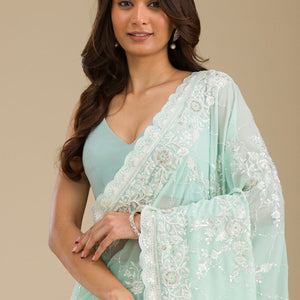 Sky Blue Threadwork Chiffon Saree