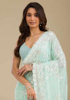 Sky Blue Threadwork Chiffon Saree