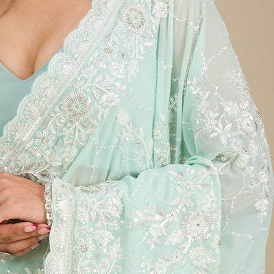 Sky Blue Threadwork Chiffon Saree