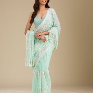 Sky Blue Threadwork Chiffon Saree
