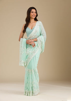 Sky Blue Threadwork Chiffon Saree
