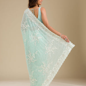 Sky Blue Threadwork Chiffon Saree