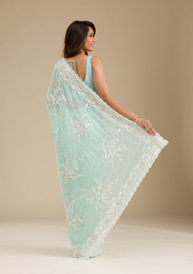 Sky Blue Threadwork Chiffon Saree