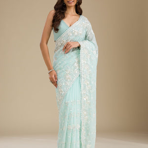 Sky Blue Threadwork Georgette Saree