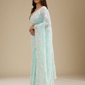 Sky Blue Threadwork Georgette Saree
