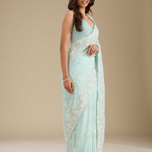 Sky Blue Threadwork Georgette Saree