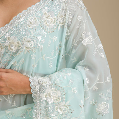 Sky Blue Threadwork Georgette Saree