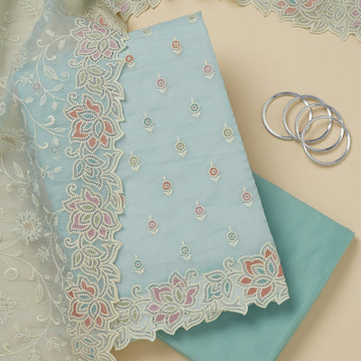 Sky Blue Threadwork Organza Unstitched Salwar Suit