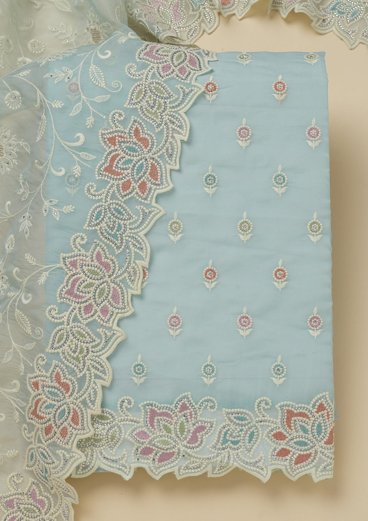 Sky Blue Threadwork Organza Unstitched Salwar Suit